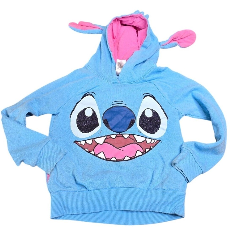 Disney Stitch Hoodie With 3D Ears & Pink Lining For Kids Size S (6/6X) Blue Cott